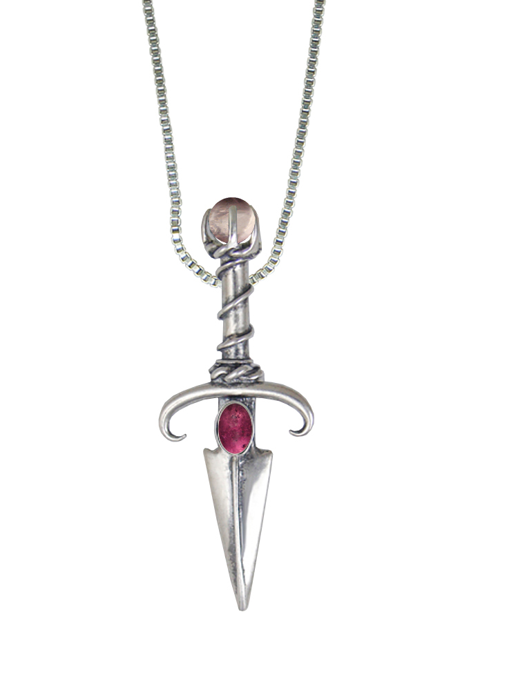 Sterling Silver Black Prince's Knife Dagger Pendant With Pink Tourmaline And Rose Quartz